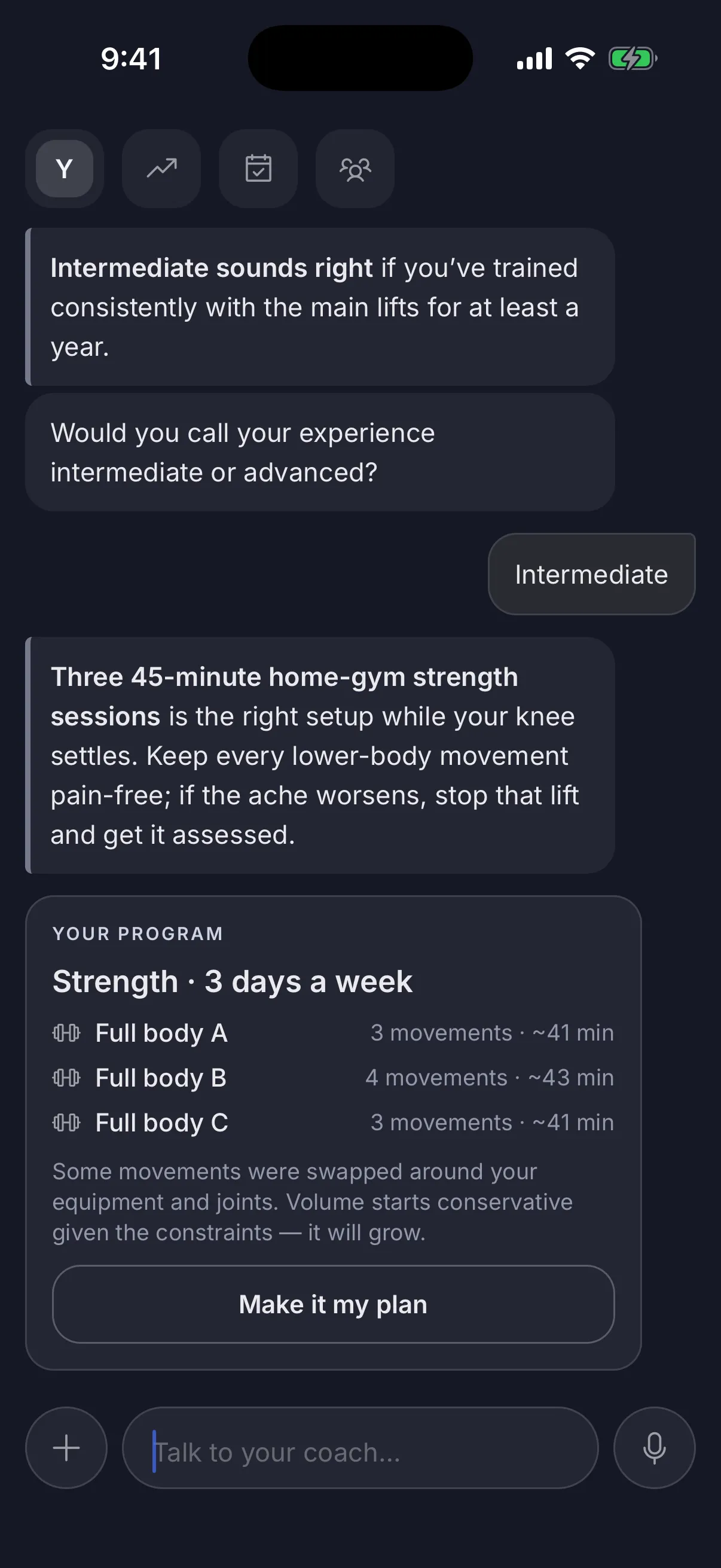 A “Your program” card: Strength, 3 days a week — Full body A, B and C at about 41 to 43 minutes each — with the note “Some movements were swapped around your equipment and joints. Volume starts conservative given the constraints — it will grow.” and a “Make it my plan” button.