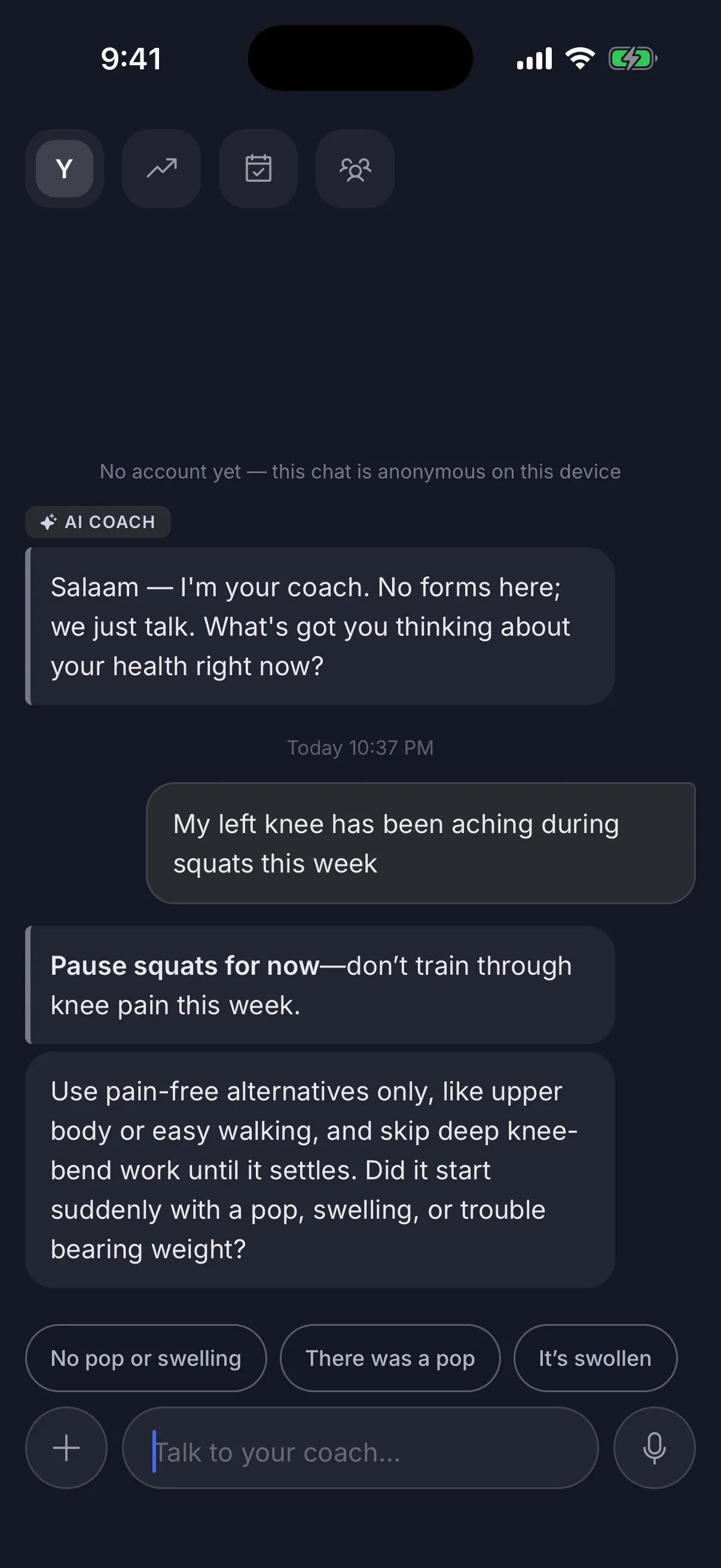 Chat with the coach. The member says their left knee has been aching during squats; the coach replies to pause squats for now, suggests pain-free alternatives, and asks whether it started with a pop or swelling. Reply chips read “No pop or swelling”, “There was a pop”, “It’s swollen”.