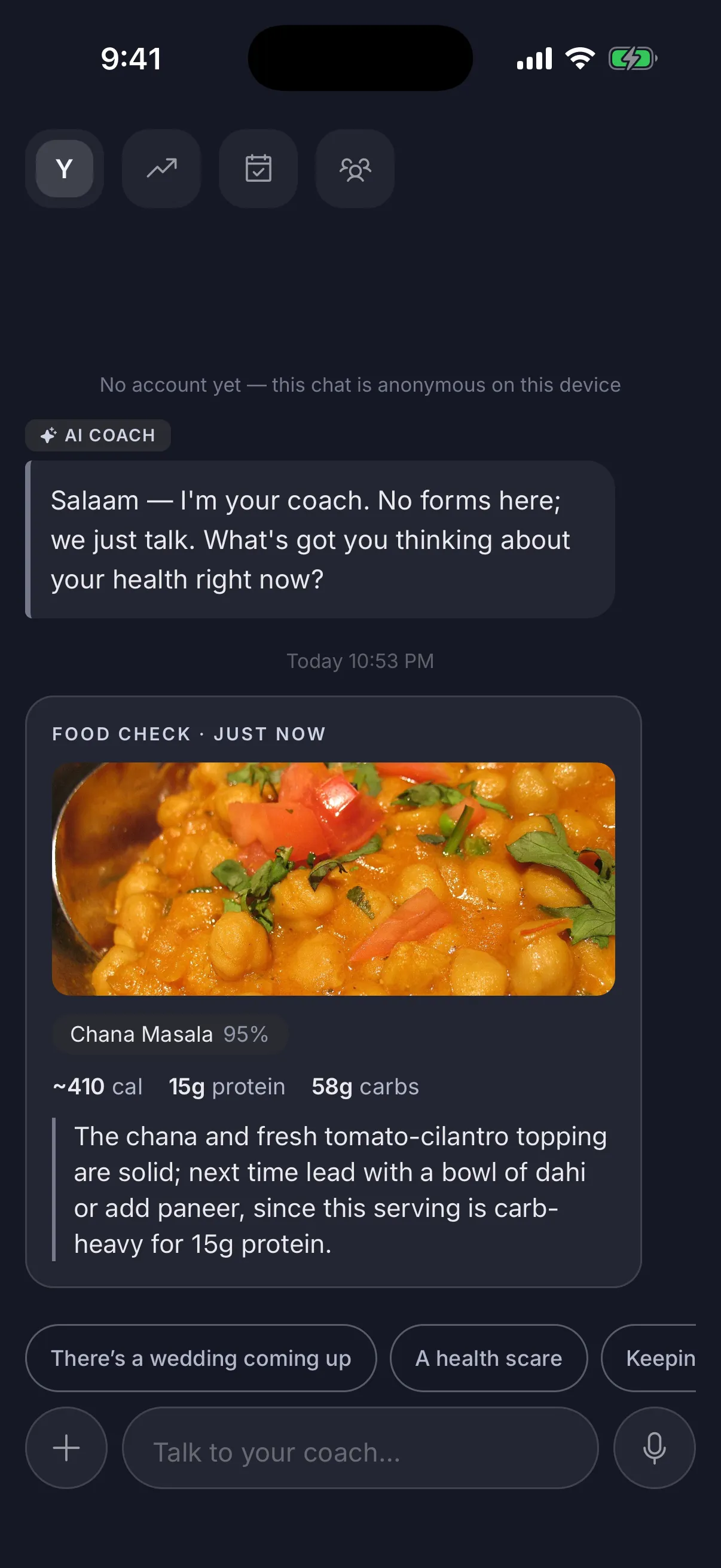 A “Food check” card with a photo of chana masala, the label “Chana Masala 95%”, about 410 calories, 15 grams protein, 58 grams carbs, and the coach’s line: the chana and tomato-cilantro topping are solid; next time lead with a bowl of dahi or add paneer, since the serving is carb-heavy for 15 grams of protein.
